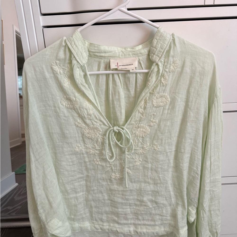 Anthropologie Light Green Embroidered Blouse